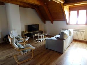 een woonkamer met een bank, stoelen en een tv bij Apartamento Bachimala in Huesca