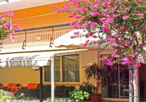 a tree with pink flowers in front of a building at Hotel Ribot in Rimini