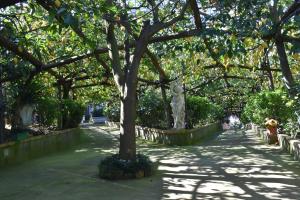 une passerelle bordée d'arbres avec des statues dans un parc dans l'établissement casa dei limoni, à Massa Lubrense