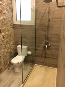 a bathroom with a toilet and a glass shower at Seascape Apartment in Faliraki