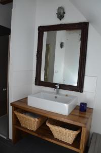 uma casa de banho com um lavatório branco e um espelho. em ETABLE DE LILOU em Sébrazac