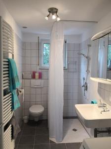 a white bathroom with a toilet and a sink at Sunny Loft Haus RV in Ravensburg