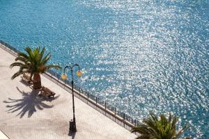 a beach with a view of the ocean and palm trees at Lucy Hotel in Chalkida