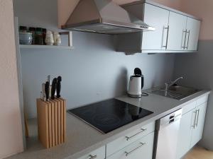uma cozinha com um lavatório e um fogão forno superior em Doris & Michael em Penzberg