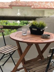 una mesa de madera con una olla de plantas. en Apartments Wonderful bay, en Sarandë