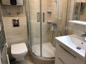 a bathroom with a shower and a toilet and a sink at Studio Doklestic in Dubrovnik +32 photos