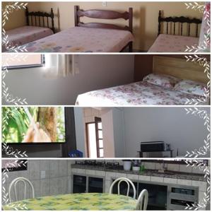 dwa zdjęcia pokoju z łóżkiem i stołem w obiekcie Aluguel para Temporada w mieście São Roque de Minas