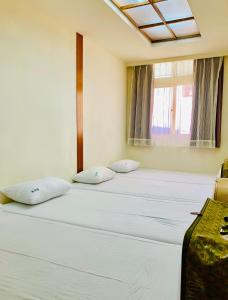 2 camas en una habitación con ventana en Tai Hu Hotel Sun Moon Lake en Yuchi