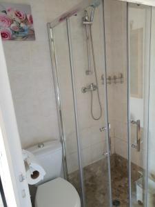 a bathroom with a toilet and a glass shower at Studio indépendant dans maison individuelle in Brax