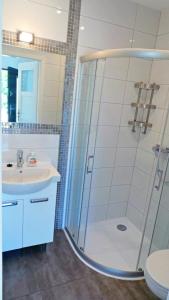 a bathroom with a shower and a sink and a toilet at Baltic Neptun in Jastrzębia Góra +8 photos