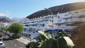 a row of white buildings with cactus in front of them at Charming studio Los Cristianos Hill heated pool in Los Cristianos