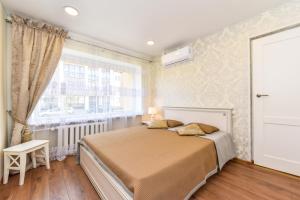 a bedroom with a large bed and a window at Baltieji Senamiesčio Apartamentai prie Aqua Parko in Druskininkai