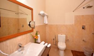 ein Badezimmer mit einem Waschbecken, einem WC und einem Spiegel in der Unterkunft BluSalzz Escapade Anant Rasa in Shitlakhet