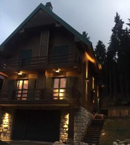 a large wooden house with lights in front of it at Vila Dragana in Žabljak