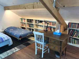 ein Schlafzimmer mit einem Schreibtisch, einem Bett und Bücherregalen in der Unterkunft Chez Fabienne in Peyrieu