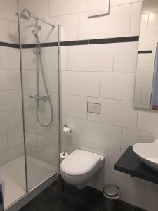 a bathroom with a shower and a toilet and a sink at Döbelts Hotel Schützenhaus Jessen in Jessen