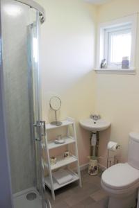 a bathroom with a shower and a toilet and a sink at The Glebe, Am Fasgadh in Bowmore