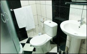 a bathroom with a white toilet and a sink at Hotel Leder in Kočani