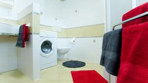 a bathroom with a washing machine and a toilet at Apartmány Monty in Karlovy Vary