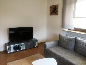 a living room with a couch and a flat screen tv at Bei Victoria in Ichenhausen