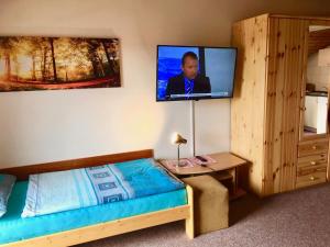 a bedroom with a bed and a tv on the wall at Apartments Lipno Serafin in Lipno nad Vltavou