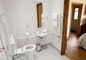 a white bathroom with a toilet and a sink at Lackford Lakes Barns in Flempton