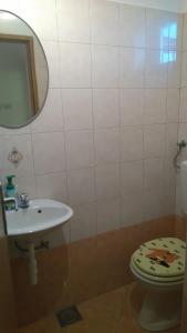 a bathroom with a sink and a toilet and a mirror at Apartman Dino in Roč