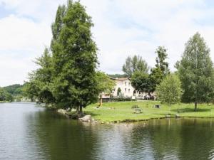 una casa en la orilla de un lago con árboles en Hotel du Lac Foix, en Foix