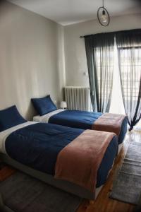 twee bedden in een slaapkamer met een raam bij The Tranquility House Ioannina in Ioannina