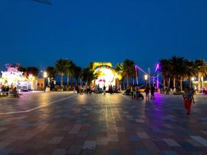 a city square at night with a roller coaster at Fresa Apartaments in La Mata