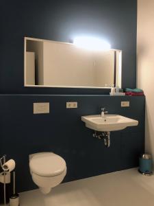 a bathroom with a toilet and a sink and a mirror at Guestroom by "FARBGESTALT" in Sarstedt