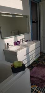 a bathroom with a white sink with a large mirror at La maison des dentelliers in Calais