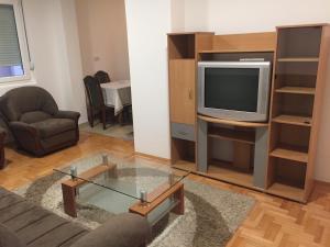 a living room with a couch and a tv at Stan na dan CENTAR in Šabac +1 photo