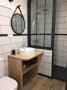 uma casa de banho com um lavatório e um espelho em le gite de Jules em Azay-le-Rideau