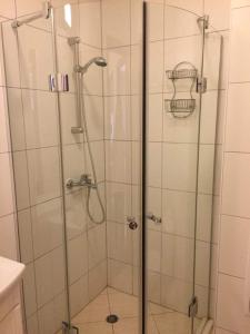 a shower with a glass door in a bathroom at Cedar Lodge 3/4 Apartment Paradise in Bansko