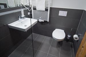 a bathroom with a white toilet and a sink at Alb Inn - Hotel & Apartments in Merklingen