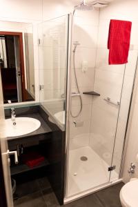 a bathroom with a shower and a sink at Hotel Zur Post in Waldbreitbach