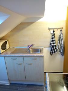 a small kitchen with a sink in a attic at Wohnung Neunkirchen 3 in Neunkirchen am Brand