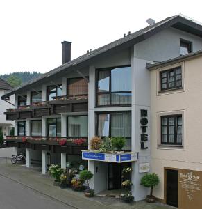 um edifício com varandas e vasos de plantas sobre ele em Hotel Zur Post em Waldbreitbach
