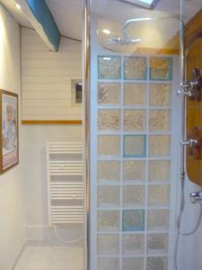 La salle de bains est pourvue d'une douche avec une porte en verre. dans l'établissement La CENTRALE - La Voile Bleue, à Biscarrosse-Plage