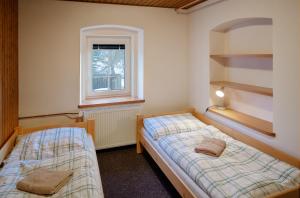 a bedroom with two beds and a window at Chaloupka Slaměnka in Loučná pod Klínovcem