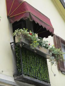 La casetta nel cortile في تورينو: نافذة مع شرفة مع الزهور ومظلة