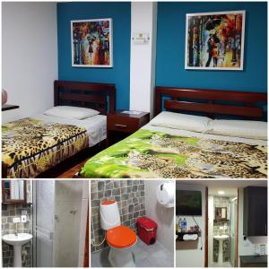 a collage of photos of a bedroom with two beds at Hotel Confortel in Armenia