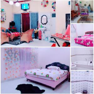 een collage van vier foto's van een kamer met een bed bij D-Rima Homestay Ruteng in Ruteng