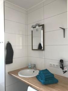 ein Bad mit einem Waschbecken und einem Spiegel in der Unterkunft Ferienhaus Hof Beel in Oberlangen