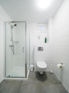 ein weißes Bad mit einer Dusche und einem WC in der Unterkunft Parkova Apartamenty in Międzywodzie