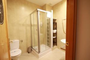 a bathroom with a shower and a toilet and a sink at Apartamentos El Templo Suites in Mérida