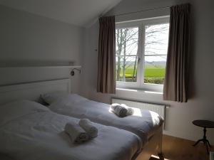1 dormitorio con 2 camas y ventana en De Haas, en Oostkapelle
