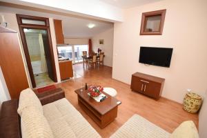 ein Wohnzimmer mit einem Sofa und einem TV in der Unterkunft Darni Central Apartments - Bazaar Location With Free Parking in Ohrid
