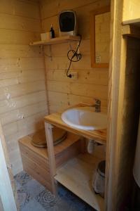 a bathroom with a sink in a wooden cabin at La Cabane aux Rêves in Sepx